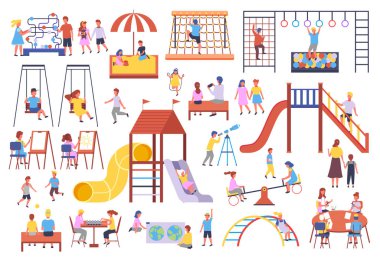 Childrens activities, kids playing at playground, with ball, jumping rope, sandbox, logic games vector Childrens activities, kids playing at playground, with ball, jumping rope, sandbox, logic games vector