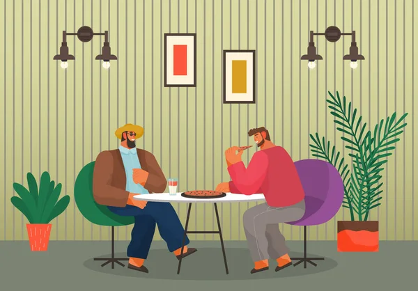 Personas comiendo pizza en la cafetería o pizzería, hablando, comunicándose, relajándose después del trabajo juntos — Archivo Imágenes Vectoriales