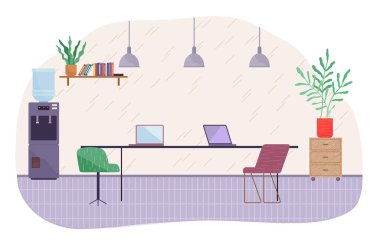 Ofis dolabı, masa, sandalyeler, dizüstü bilgisayarlar, su dağıtıcısı, kitaplık, ışıklandırma. Konforlu ofis ortamı