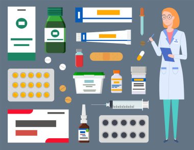 Tıbbi personel, terapist kadın, panosu olan doktor, sağlık hizmetleri ikonları, tedavi seti