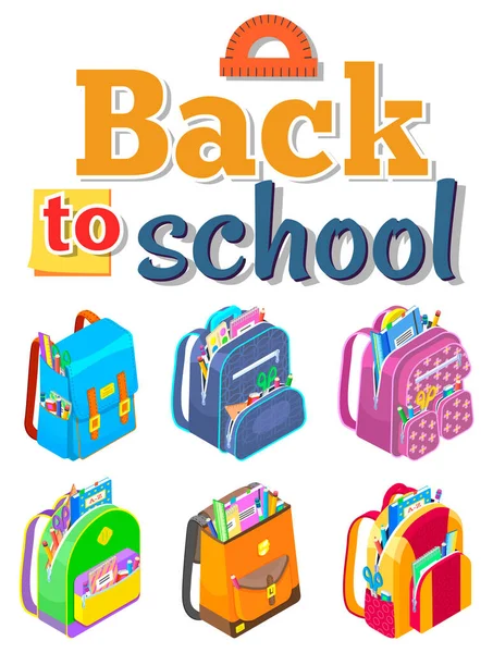 Conjunto de mochilas coloridas y letras Back to school. Tema de la escuela educativa. Imagen vectorial — Vector de stock