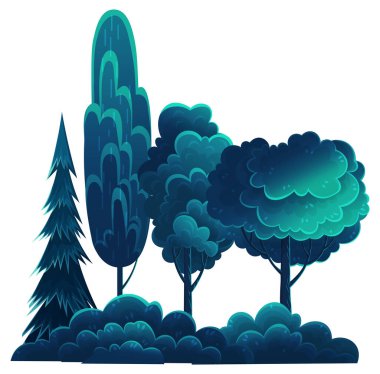 Gece ağacı, köknar ağacı ve çalılar beyaz arka planda izole edilmiş, gece görüşü için farklı ağaçlar.