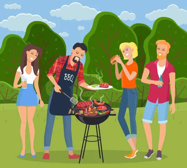 Reste à la campagne, les gens grillent barbecue. Hommes et femmes se reposent et mangent. Été, paysage vert — Image vectorielle
