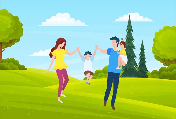 Padre, mamá y el niño caminan por el campo. Arbustos, árboles, paisaje de verano. Dibujos animados de naturaleza plana imagen — Vector de stock