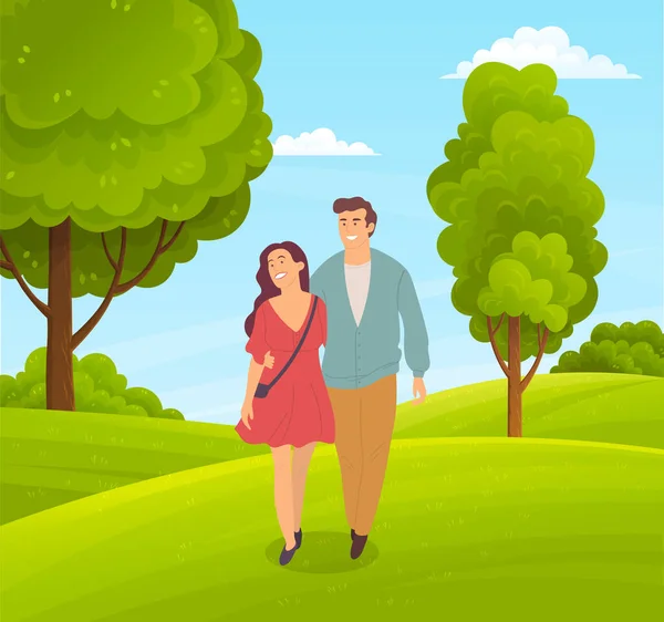 Couple of happy girl and guy walking in park or countryside people walk at nature hugging each other — Stock Vector