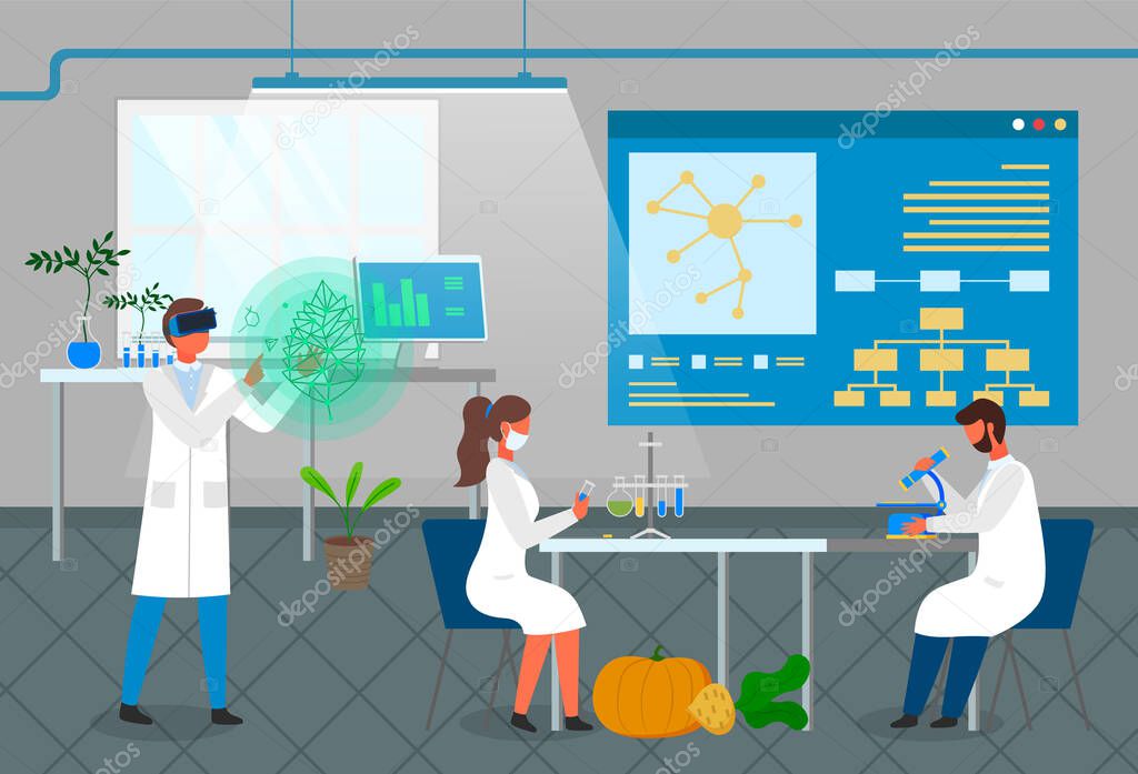 Scientists exploring plant breeding, growing from tubes, using microscope, virtual reality glasses