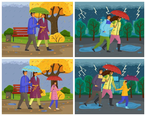 傘を持って街中を雨の中を歩く家族や秋の季節にレインコートを着て — ストックベクタ