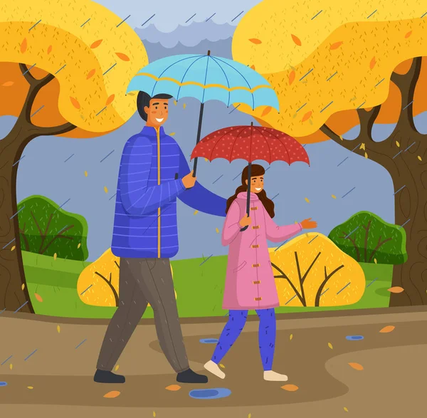 Father and daughter spend time together on rainy october day move down the street past yellow trees — Stock Vector