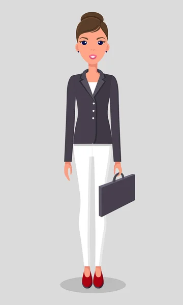 Hübsche junge schlanke Frau in Businesskleidung. Lächelnde Geschäftsfrau mit Aktentasche in der Hand — Stockvektor