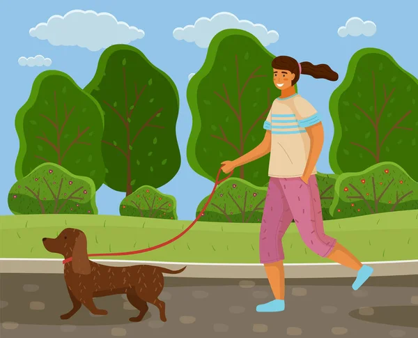 Parkta köpekle birlikte yürü. Kız, güneşli bir bahçede köpekli bir köpekle geziyor. — Stok Vektör