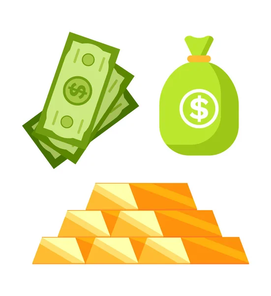 Símbolos de dinero, billetes verdes, bolsa o saco de dólar — Vector de stock