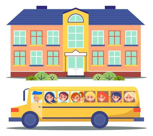 Scuolabus, illustrazione vettoriale di uno scuolabus con autista e bambini felici in viaggio — Vettoriale Stock
