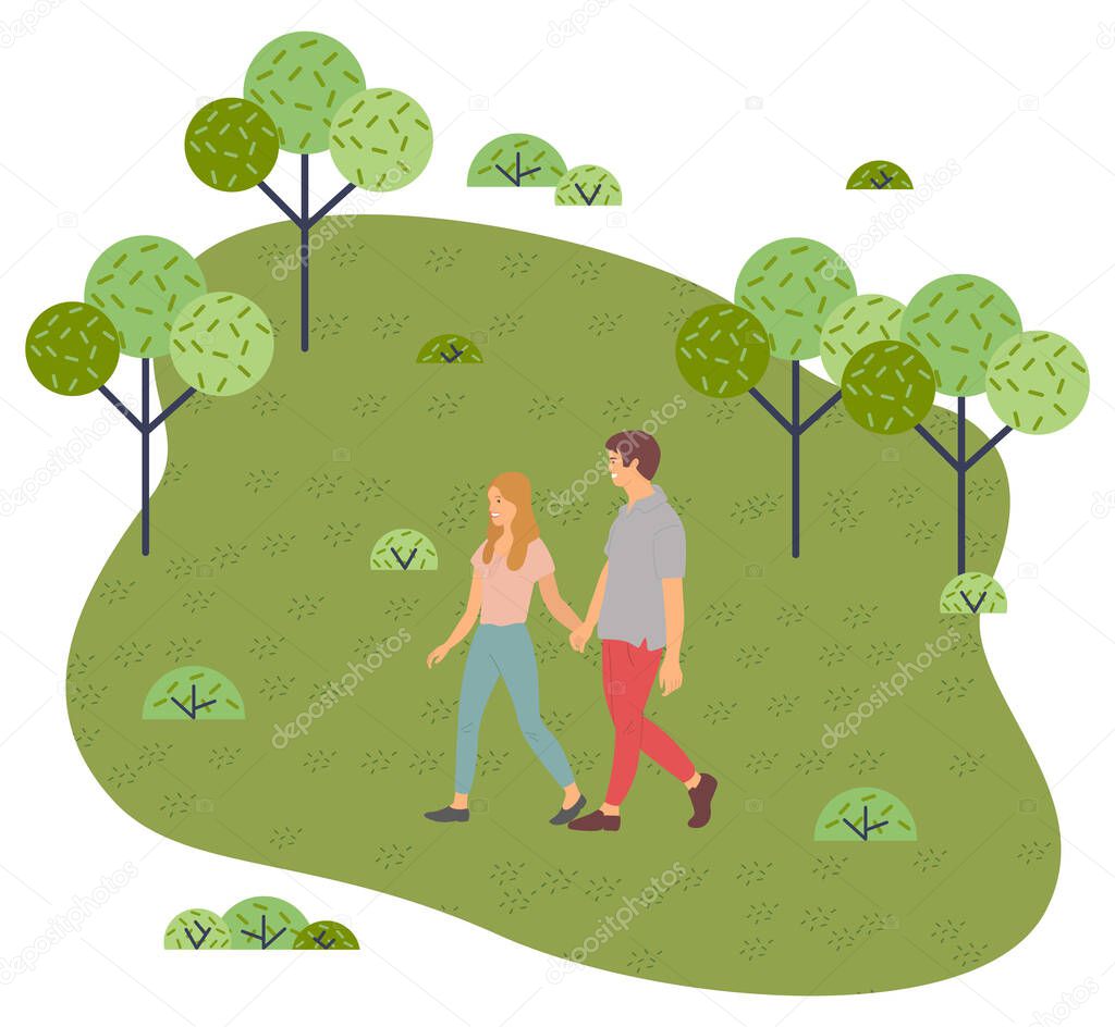 Couple walking in a park. Young guy and girl holding hands walking in summer garden, romantic walk