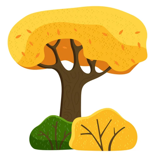 Árbol y arbusto amarillo brillante del otoño con una corona exuberante, tronco marrón grueso y ramas en blanco — Vector de stock