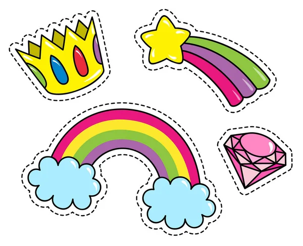 Insignias de parche de moda con corona, diamante, arco iris con nubes y estrella. Conjunto de pegatinas, patrones — Archivo Imágenes Vectoriales