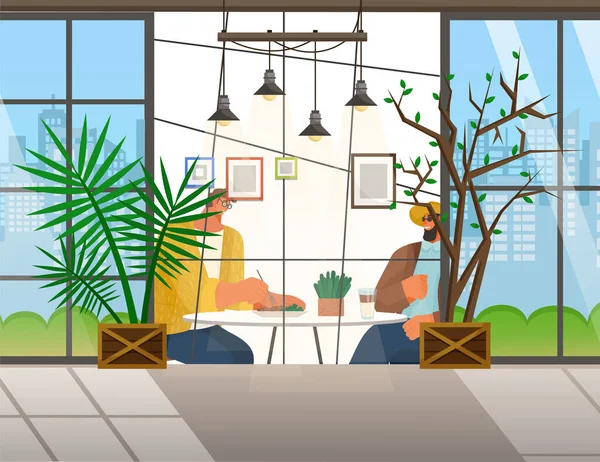 Amigos estão sentados no café ou restaurante a uma mesa comendo e bebendo, homens conversando, se comunicando —  Vetores de Stock