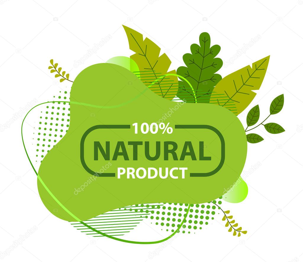 Natural product green sign with tree leaves and lettering logo ecological concept. Healthy lifestyle