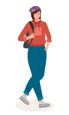 Spor giyimli, şapkalı bir kız sırtında sırt çantası taşıyor. Şık, genç bir kadın kırıcı.