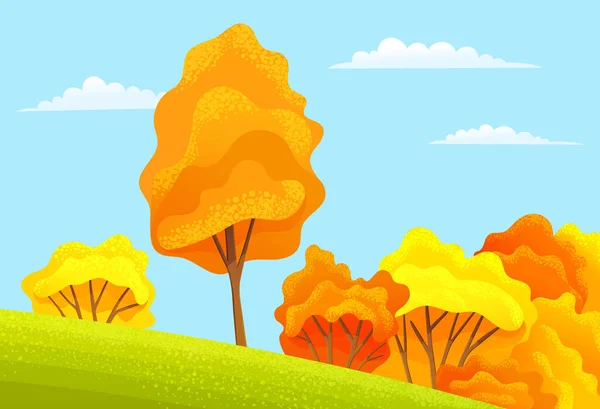 Árboles altos, exuberantes arbustos crecen en una pendiente. Otoño temporada de dibujos animados país paisaje con cielo azul — Vector de stock