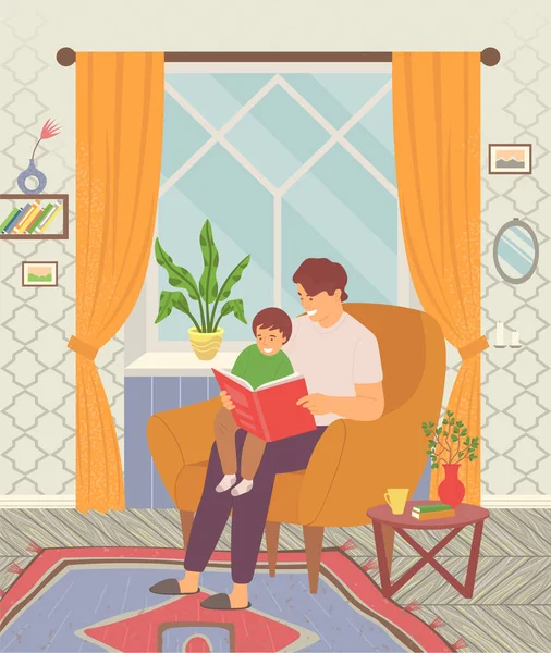 Tata czyta bajkę swojemu synowi i uczy go czytać. Ojciec opiekuje się dzieckiem. — Wektor stockowy