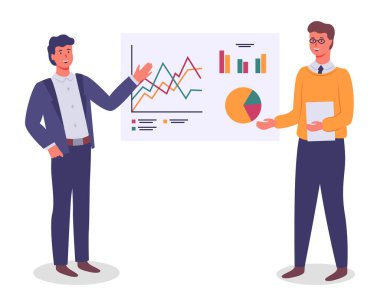 Finansal planı sunan işadamları, grafik analizi, grafikler, grafikler sunan işçiler