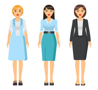 Farklı saç kesimleri olan iş kadınları, ofis elbiseli kadınlar, elbise, gömlek ve etek, kıyafet yönetmeliği