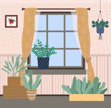 Oturma odasının içinde yeşil bitkiler, perdeli pencereler, asılı bitkiler, tasarım