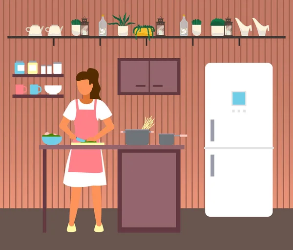 Žena vaření v kuchyni, žena krájení salát na dřevěné desce s nožem, příprava jídla — Stockový vektor
