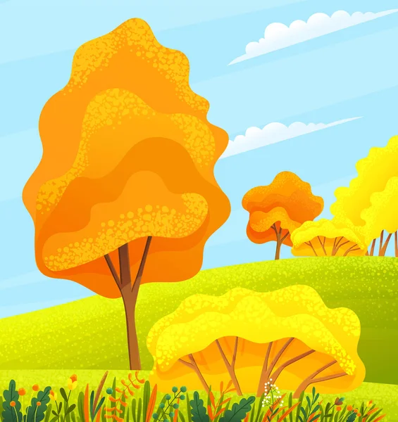 Осенний вид или пейзаж с желтыми и апельсиновыми деревьями, октябрьские пейзажи с кустами на холмах и небе — стоковый вектор