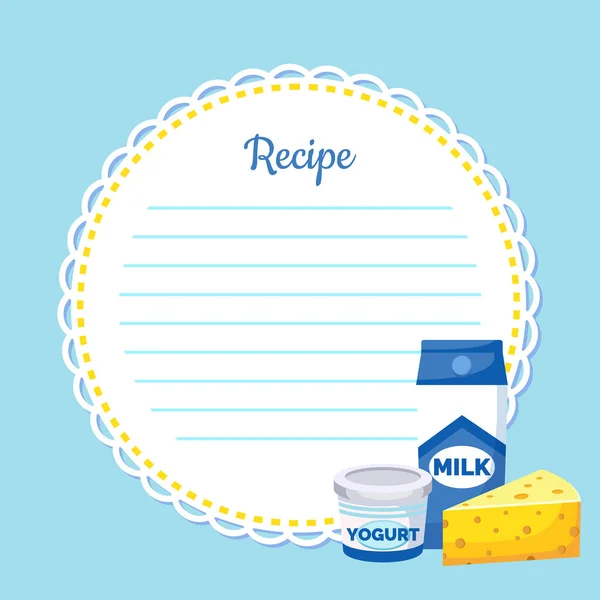 Paquete de leche, tarro con yogur, triángulo de queso, nota de la receta, en blanco para hacer notas culinarias — Archivo Imágenes Vectoriales