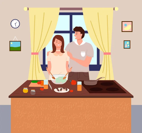 Mulher cozinhar na cozinha, fêmea misturando salada na tigela, homem abraçando esposa, mulher preparando comida — Vetor de Stock