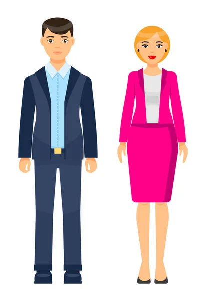 Los trabajadores de oficina que usan trajes de oficina elegantes, mujer en chaqueta rosa y falda, hombre usan traje azul — Vector de stock