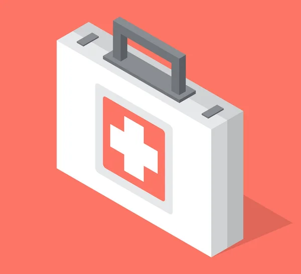 First aid kit isolated at red background, medical vector icon, suitcase with medical equipment — Stock Vector