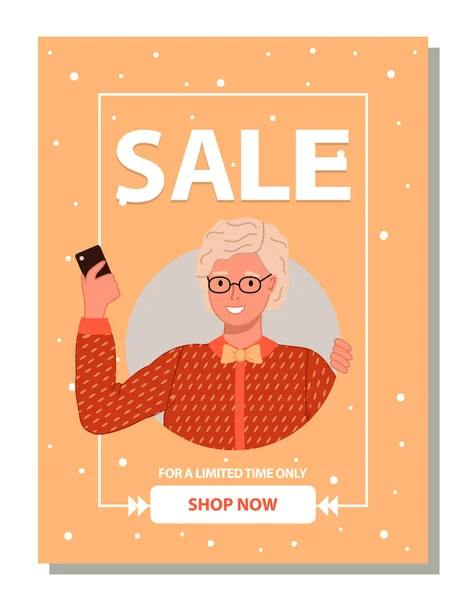 Vente pour un temps limité seulement, magasiner maintenant, mignon mec blonde dans les lunettes avec téléphone, bannière promotionnelle — Image vectorielle