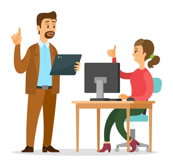Empresários comunicando, dois colegas falantes no escritório, mulher com computador sentado à mesa — Vetor de Stock