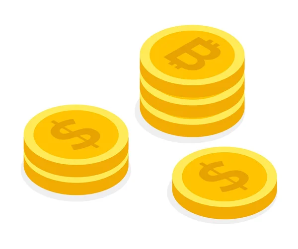 Empilements de pièces, monnaie électronique, bitcoins d'or et dollars isolés au blanc, monnaie électronique — Image vectorielle