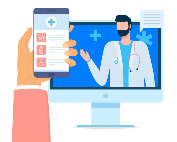 Online consultation with doctor, hand with phone medical app, bearded doctor in computer screen — Stock Vector