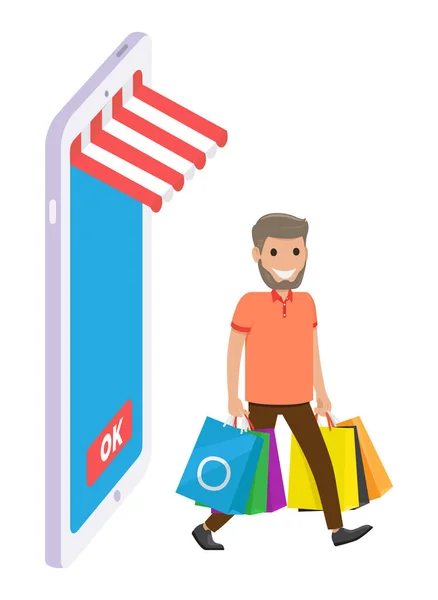 Guy macht Online-Shopping im Geschäft, mobile Web-Anwendung, digitales Marketing, isometrisches Smartphone — Stockvektor