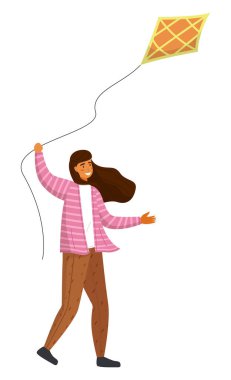 Beyaz arka planda izole edilmiş uçurtmalı güzel bir kızı oynamak. Boş zaman, etkinlik, yaz zamanı.