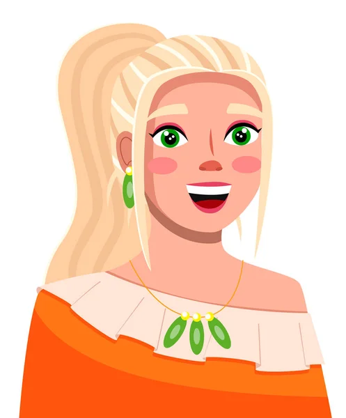 Avatar de mujer joven rubia sonriente usar tela naranja, con cola de caballo, ojos verdes, accesorios verdes — Archivo Imágenes Vectoriales
