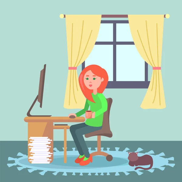 Working at home, young girl with cup in hand using computer sitting at table, freelance work — Stock Vector