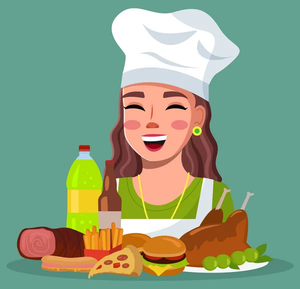 Lächelnde Köchin mit ungesundem, kalorienreichem Essen, Fast Food, Streetfood — Stockvektor