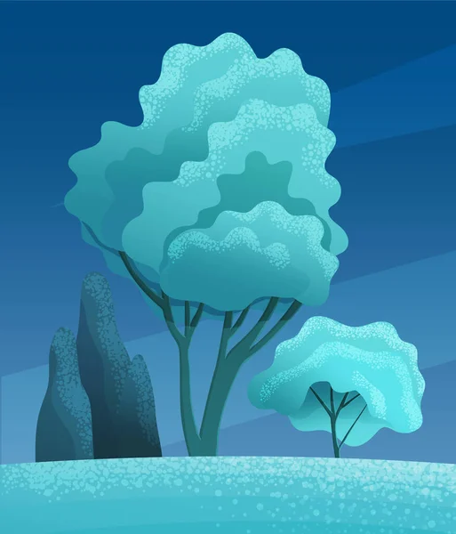 Vista notturna ad alberi e cespuglio in collina, vista blu scuro di notte scenario con cielo limpido, campo estivo — Vettoriale Stock