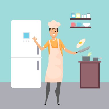 Önlük takan adam elinde tava, arkadaş yumurtası pişirme, aşçılık konsepti, hobi, boş zaman