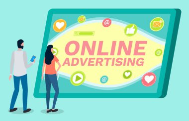 Çevrimiçi reklamcılık, dijital pazarlama, kadın ve erkek sosyal ağla ekrana bakıyor