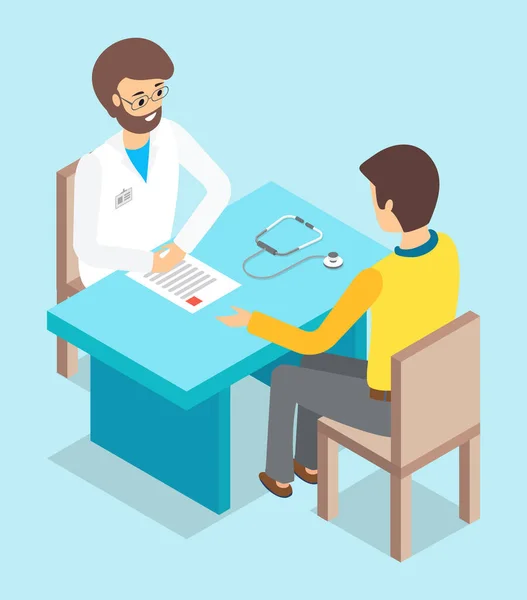 Man patient consulting with doctor sitting at table, meeting therapist and patient, clinic concept — Stock Vector