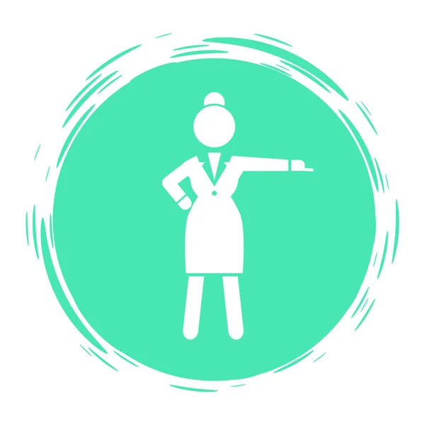 Logotipo círculo verde com empresária vestindo vestido de escritório, mostrar sua mão e dedo no lado —  Vetores de Stock