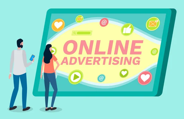 Çevrimiçi reklamcılık, dijital pazarlama, kadın ve erkek sosyal ağla ekrana bakıyor — Stok Vektör