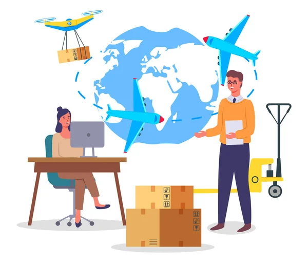 Διεθνείς μεταφορές επιχειρήσεων, χάρτης με τον κόσμο και τα αεροπλάνα, drone, παγκόσμια εφοδιαστική — Διανυσματικό Αρχείο