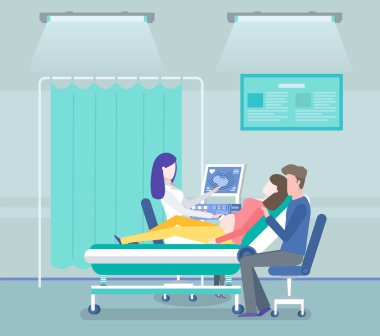 Bebek, doktor ve hasta ultrasonu yapan genç çift, hamilelik taraması, bebek röntgeni...